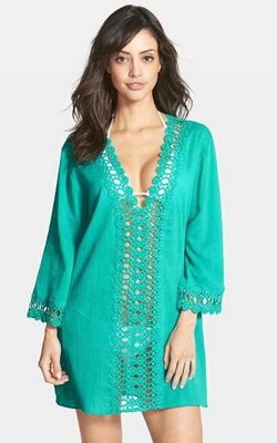 F4385-2Turquoise Long Sleeves Deep V-neck Crochet Trim Casual Cover-up